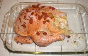 Chicken, rubbed and stuffed.
